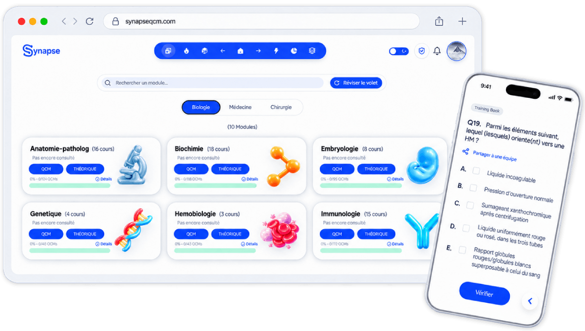 Synapse — une session de QCM de médecine sur ordinateur et sur mobile